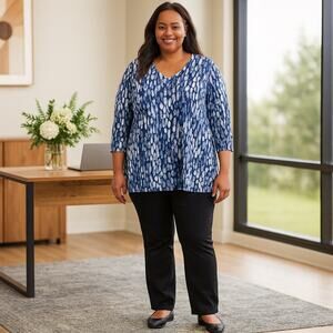 Chico's Top Women's Size 4 (2X) Blue Dusk Colorful Dots 3/4 Sleeve Pullover NWT